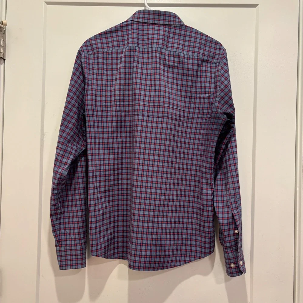 Banana Republic Men Untucked Slim Fit Tech Stretch Cotton Plaid Shirt Blue Red M
